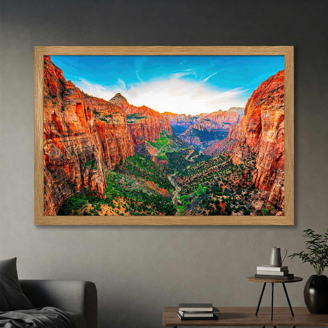 Framed Poster of Zion Canyon landscape art. Vibrant red rock formations with blue sky and green foliage. Perfect wall decor.