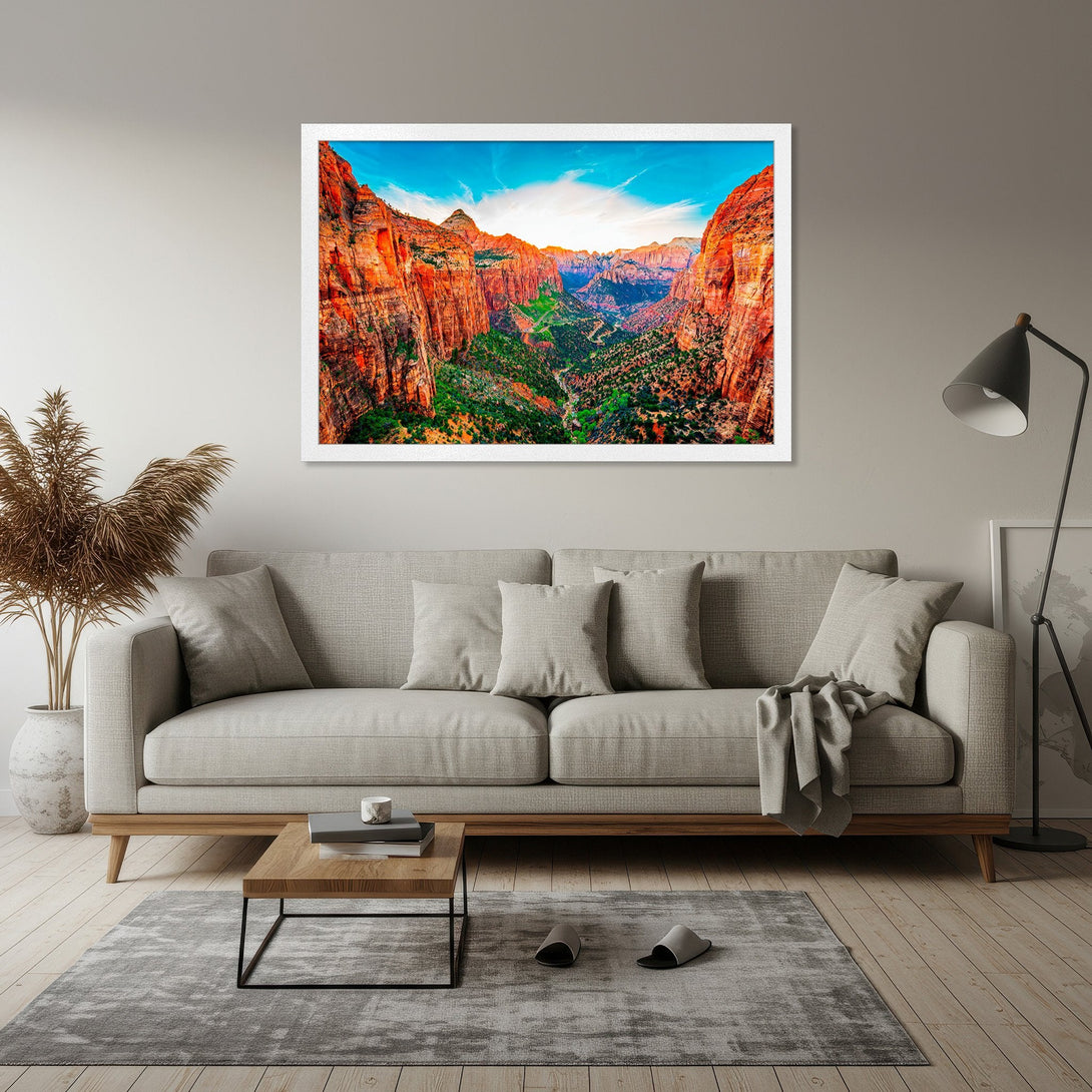 Framed Poster of Zion National Park landscape. Vibrant red rock formations, lush green valley, and blue sky. Perfect wall art!