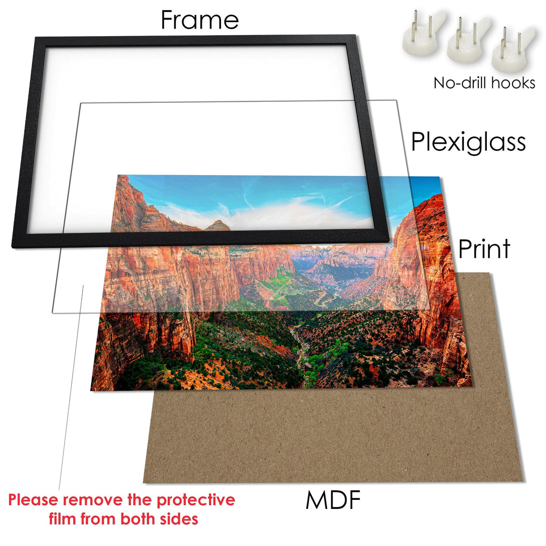Framed Poster showcasing a vibrant landscape scene with red rock formations and a blue sky. A stunning art print for your home!