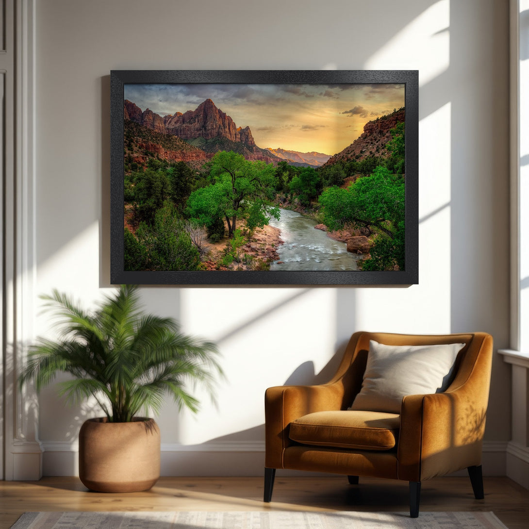 Framed Poster of a scenic mountain landscape with a river, warm color palette, perfect for home decor.