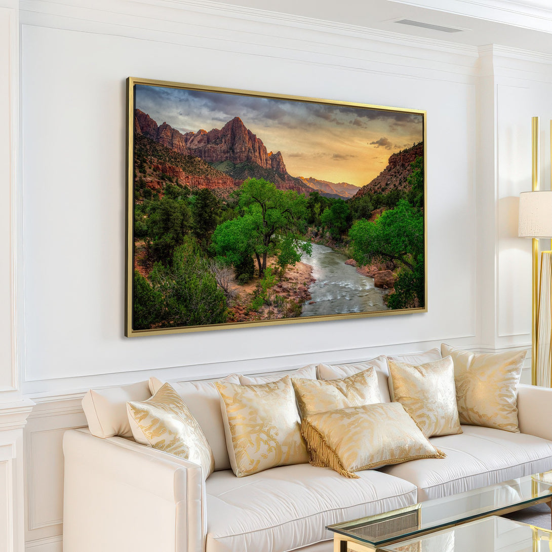 Canvas Print of a stunning landscape featuring a river and mountains. Earthy tones of green, red, and gold create a warm, inviting atmosphere.