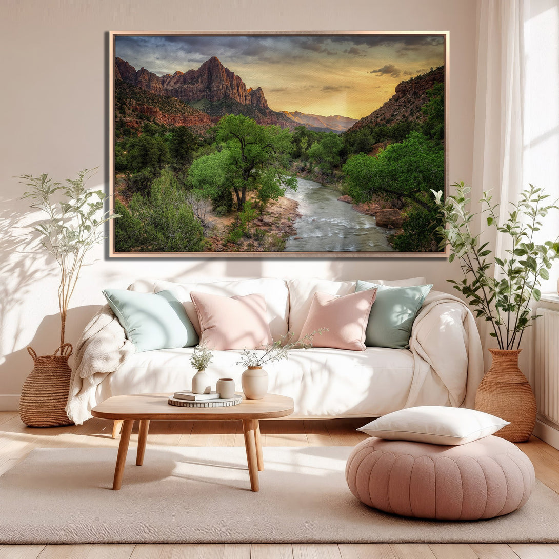 Framed Wall Art: Landscape Canvas Print of Zion National Park in warm sunset hues. Perfect for living room decor, adding a touch of nature's beauty.