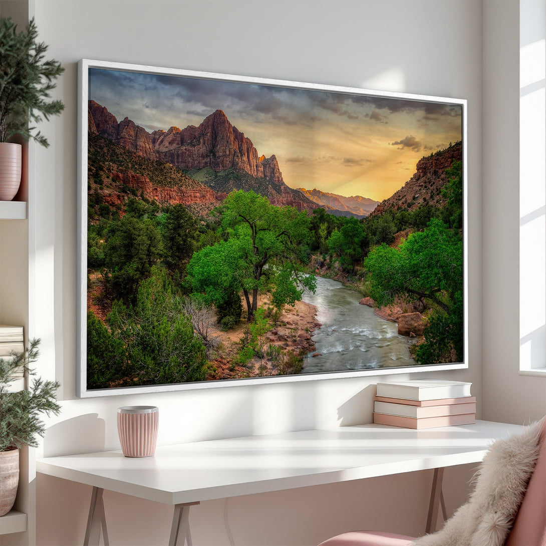 Framed Wall Art featuring a stunning landscape of a river and mountains. Earthy tones of green, red, and gold create a serene atmosphere. Perfect home decor!