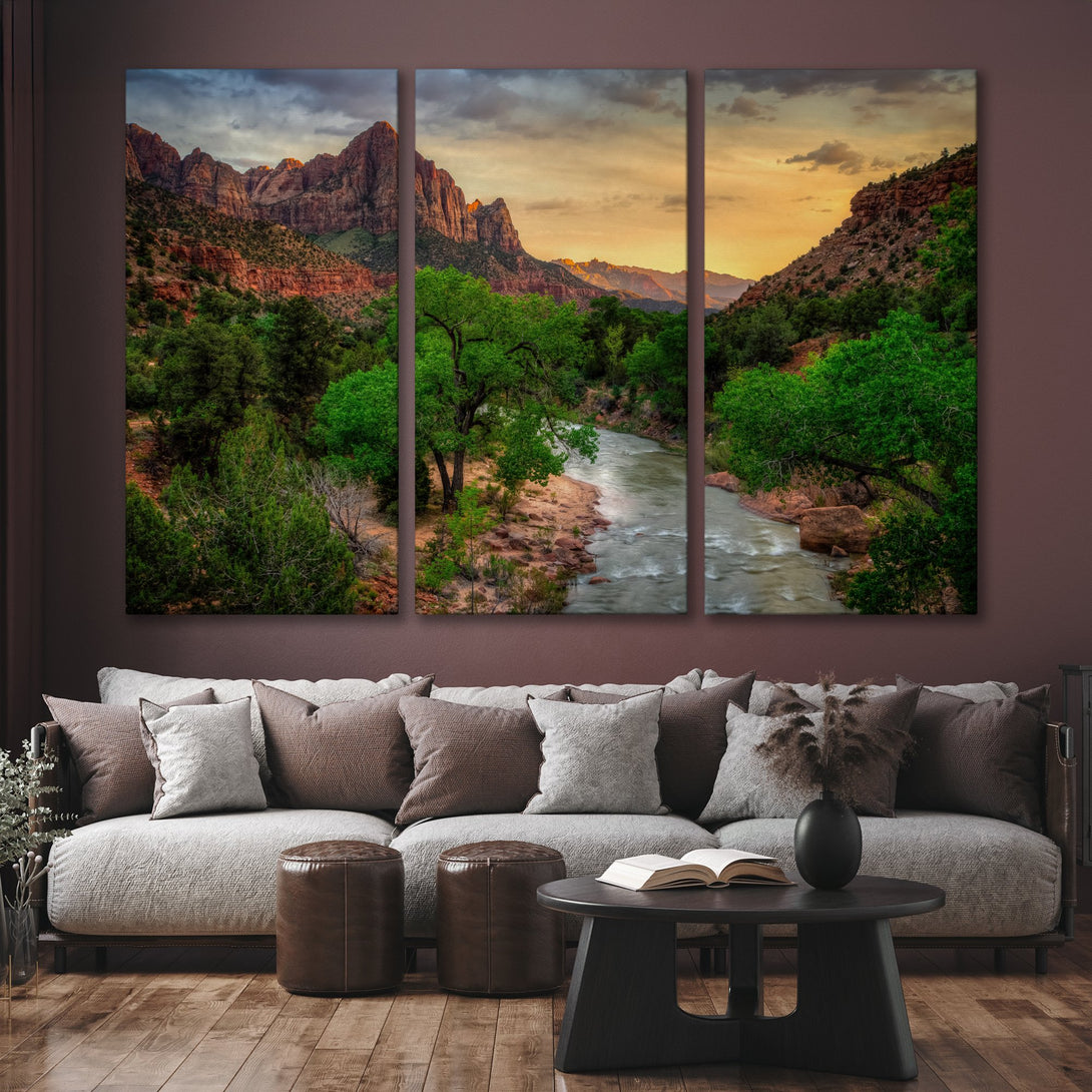 Canvas Print of a stunning landscape, showcasing a river and mountains. Warm sunset colors with greens and browns. Perfect wall art for any space.