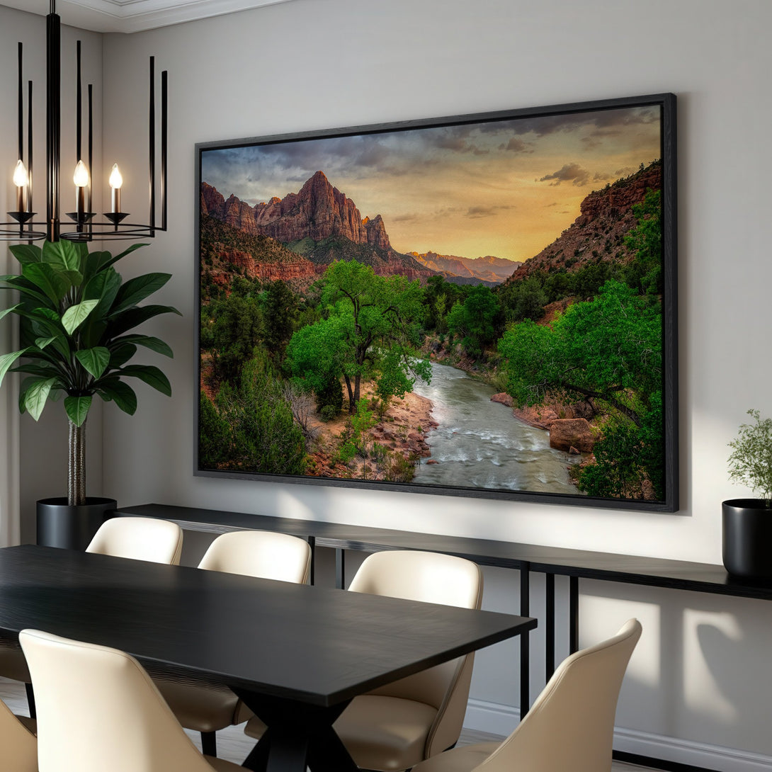 Framed Wall Art featuring a vibrant landscape of a river and mountains. Earthy tones of green, red, and gold create a stunning focal point for any room.
