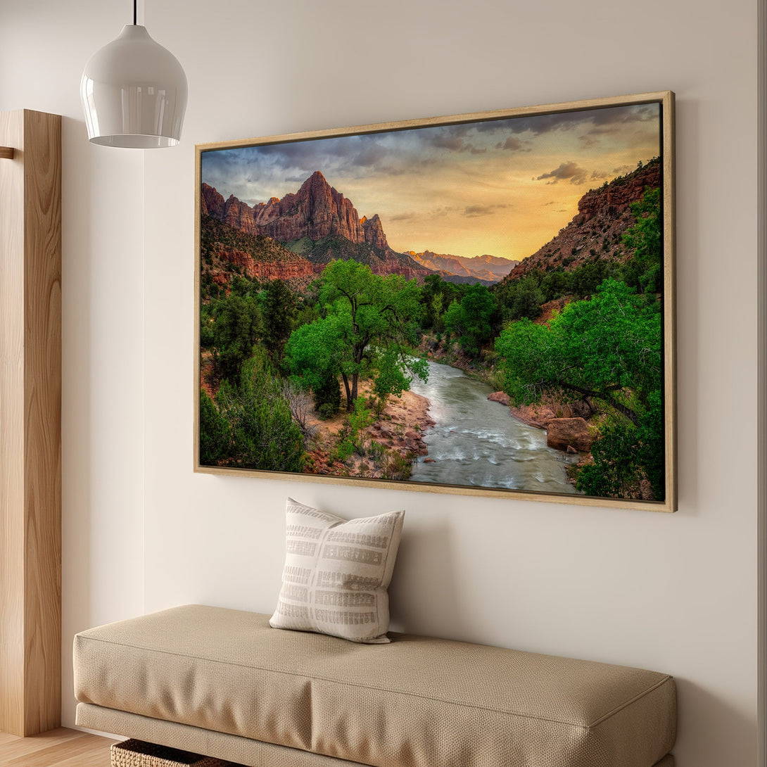 Framed Wall Art: Stunning landscape Canvas Print of a river valley with a warm sunset. Earthy tones of green, orange, and brown. Perfect for home decor.